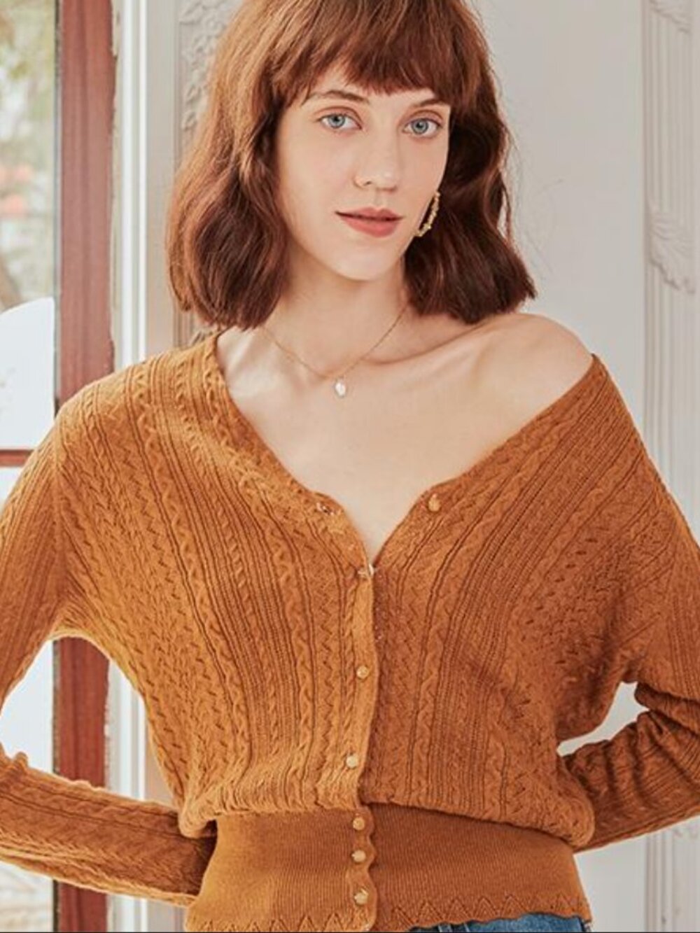 Simple Retro Brand: Emma Cable Knit Cardigan in Brown XL